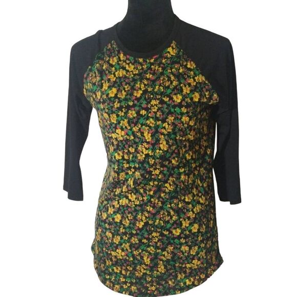 NWT LuLaRoe XS Black Yellow Floral Randy  Short Sleeve T-Shirt - Picture 1 of 5